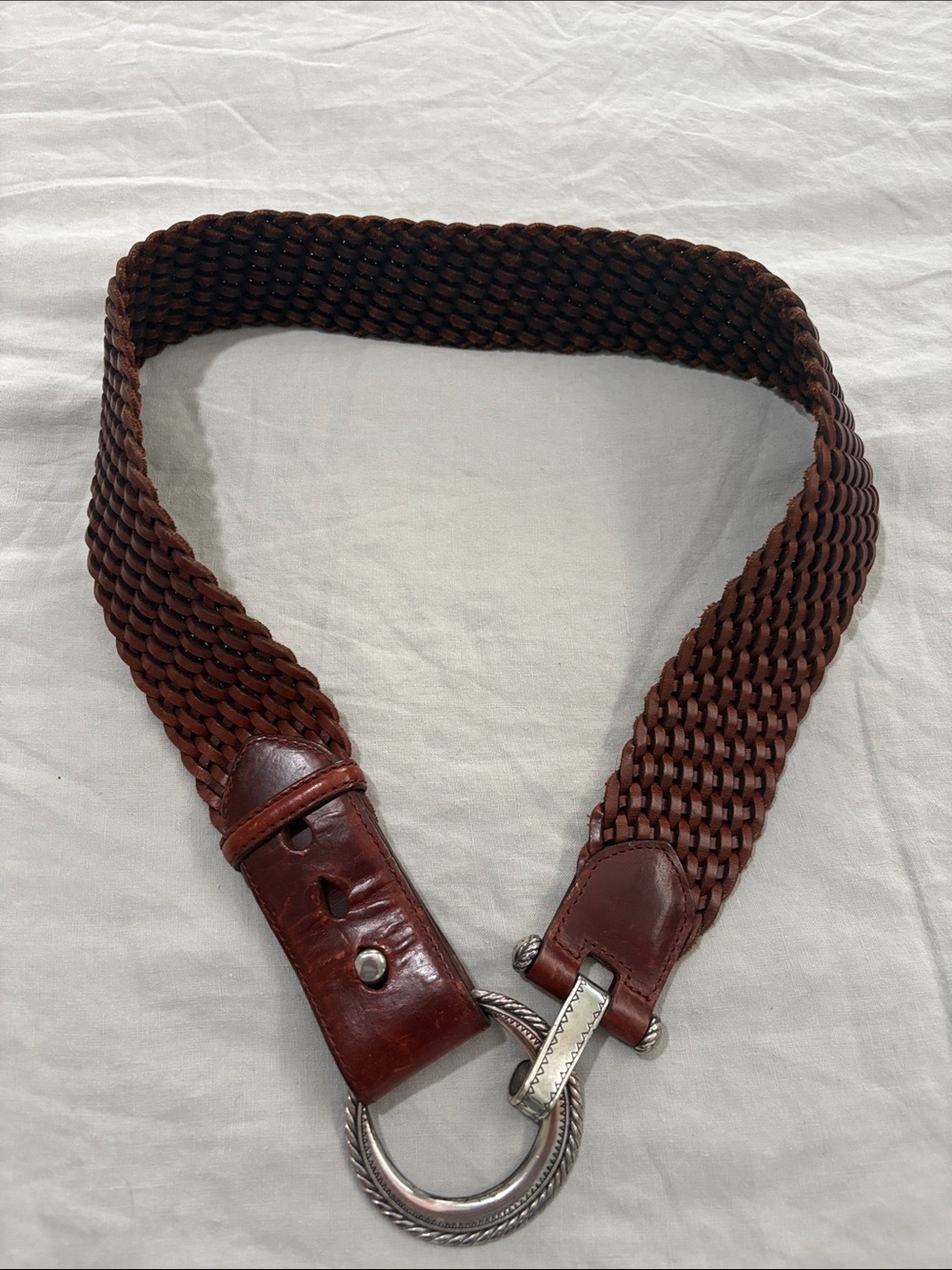 Woven Brown Leather Women's Belt with Sterling Silver Ring Hardware